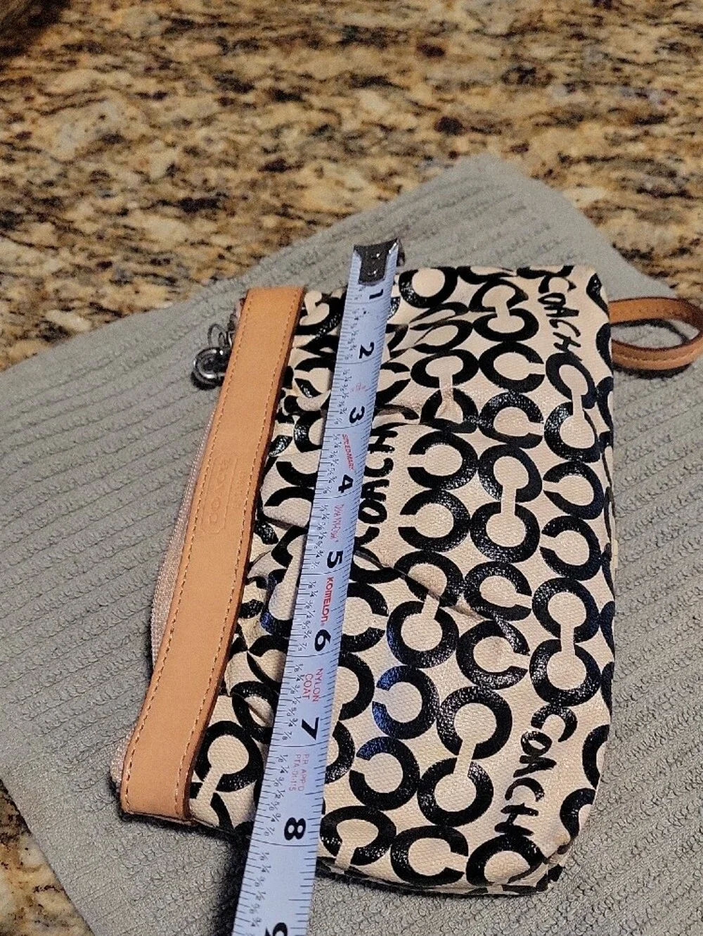 Coach Black and Cream Signature C Canvas Wristlet with Tan Leather Trim